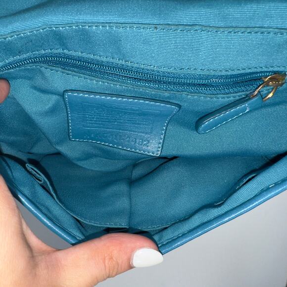 Coach Signature Brown Blue Leather Trim Shoulder Bag Buckle Flap 12”x7” - Picture 5 of 7